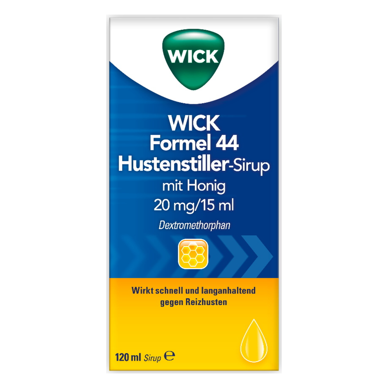 WICK Formel 44 Hustenstiller-Sirup mit Honig in einer 120 ml Verpackung, wirkt schnell gegen Reizhusten.
