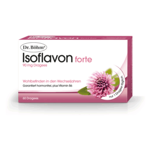 Verpackung von Dr. Böhm Isoflavon forte, 90 mg Dragées, für das Wohlbefinden in den Wechseljahren, mit einer Blüte des Roten Klees.