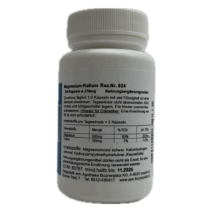 Weißes Kunststoffgefäß mit Magnesium-Kalium-Kapseln, enthält Informationen zur Einnahme und Inhaltsstoffen.