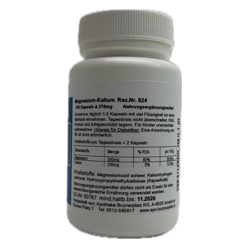 Weißes Kunststoffgefäß mit Magnesium-Kalium-Kapseln, enthält Informationen zur Einnahme und Inhaltsstoffen.