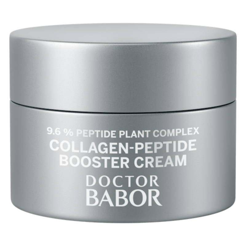 Silberne Creme mit Schraubverschluss, beschriftet mit "Collagen-Peptid Booster Cream" und Inhaltsstoffangabe.