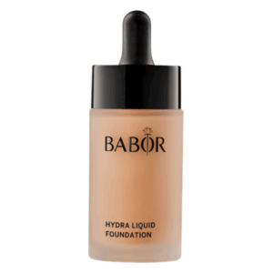 Flasche mit Babor Hydra Liquid Foundation, transparenter Körper und schwarzem Tropfer, elegant und modern.