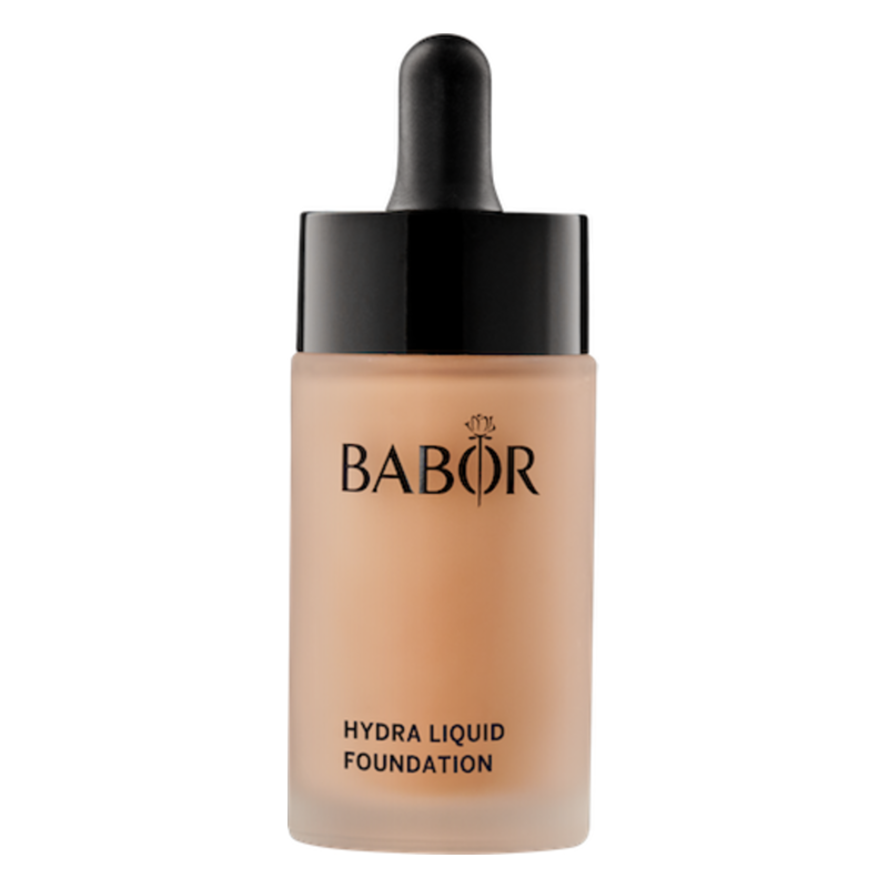 Flasche mit Babor Hydra Liquid Foundation, transparenter Körper und schwarzem Tropfer, elegant und modern.
