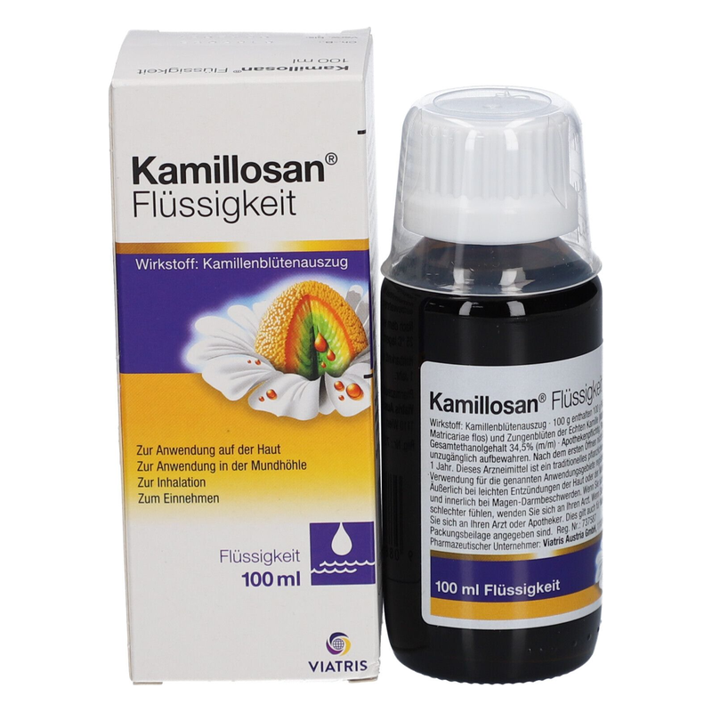 Kamillosan Flüssigkeit in einer 100 ml Flasche, mit einem Karton und detaillierten Anwendungshinweisen.