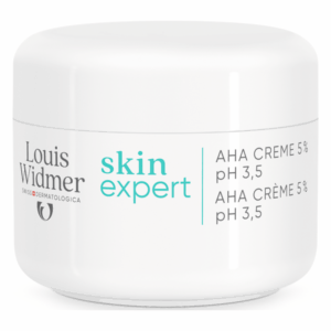 Weißes Tiegel mit AHA Creme 5% und pH 3,5, beschriftet mit "skin expert" von Louis Widmer.