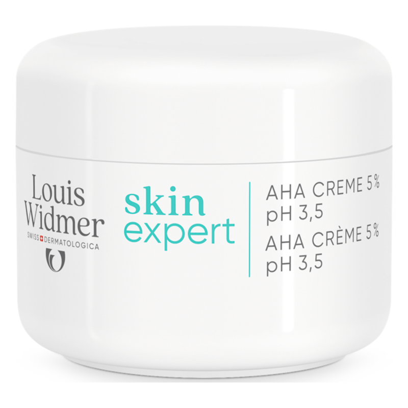 Weißes Tiegel mit AHA Creme 5% und pH 3,5, beschriftet mit "skin expert" von Louis Widmer.