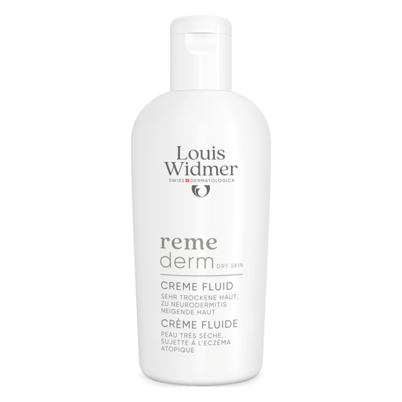 Flasche mit cremefarbener Flüssigkeit, beschriftet mit "reme derm" von Louis Widmer, für sehr trockene Haut.