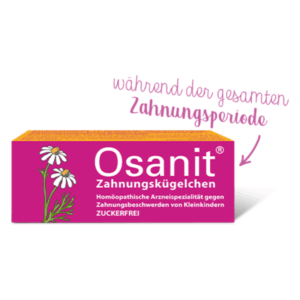 Verpackung von Osanit Zahnungskügelchen, homöopathisches Mittel gegen Zahnbeschwerden bei Kleinkindern, zuckerfrei.