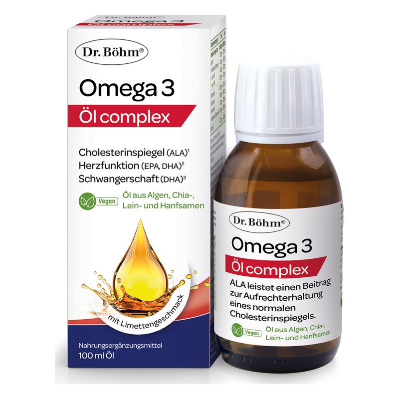 Eine Flasche mit Omega 3 Öl complex von Dr. Böhm in einer Verpackung mit Infos zu den Inhaltsstoffen und Anwendung.