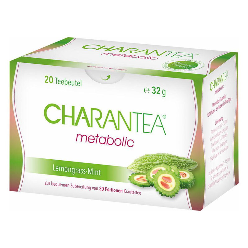 Verpackung von Charantea Metabolic Lemongrass-Mint mit 20 Teebeuteln und bitterer Melone auf der Vorderseite.