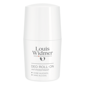 Weißer Roll-On Deo von Louis Widmer, alkoholfrei, mit klarer Beschriftung und runder Kappe.