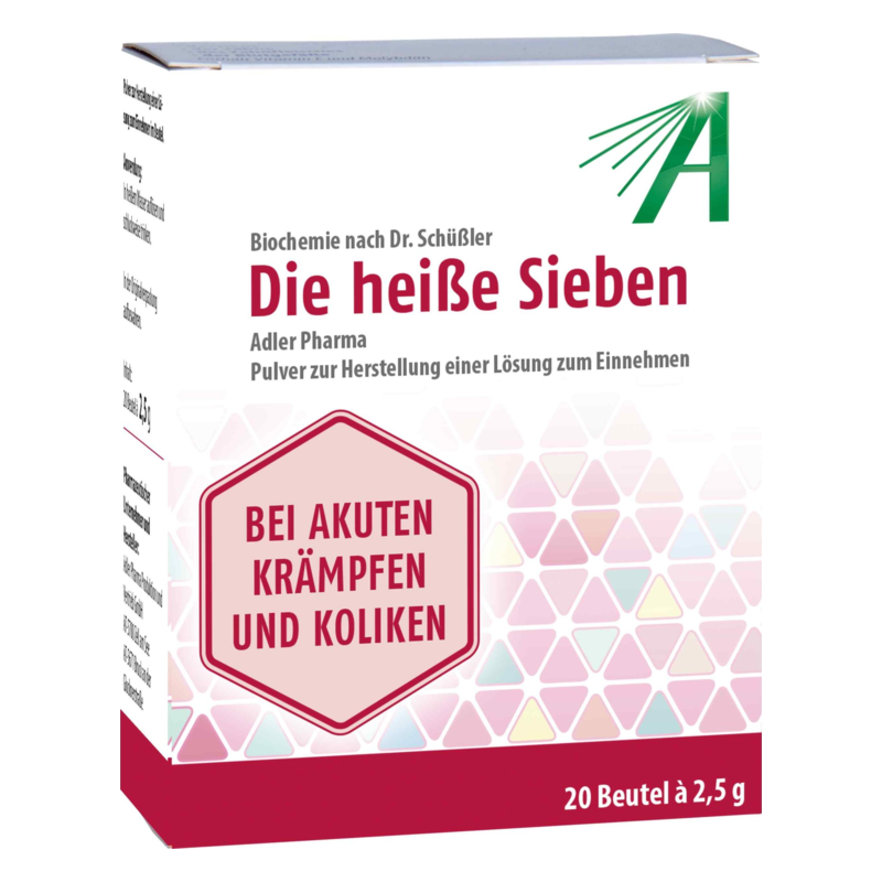 Verpackung von 'Die heiße Sieben', einem pulverförmigen Heilmittel zur Herstellung einer Lösung gegen Krämpfe und Koliken.