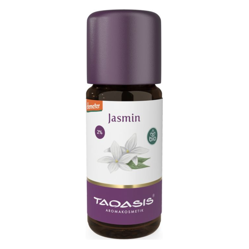 Braune Glasflasche mit lila Kappe und Etikett für Jasminöl, biologisch zertifiziert, 2% Konzentration.