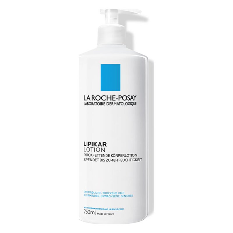 Weiße Flasche mit Pumpe der La Roche-Posay Lipikar Lotion, die für trockene Haut konzipiert ist.