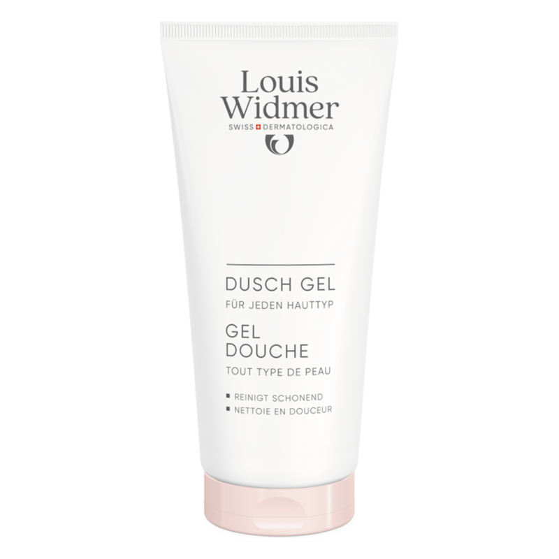 Weißes Tube mit Duschgel für jeden Hauttyp, mit sanften Reinigungshinweisen auf Vorderseite.