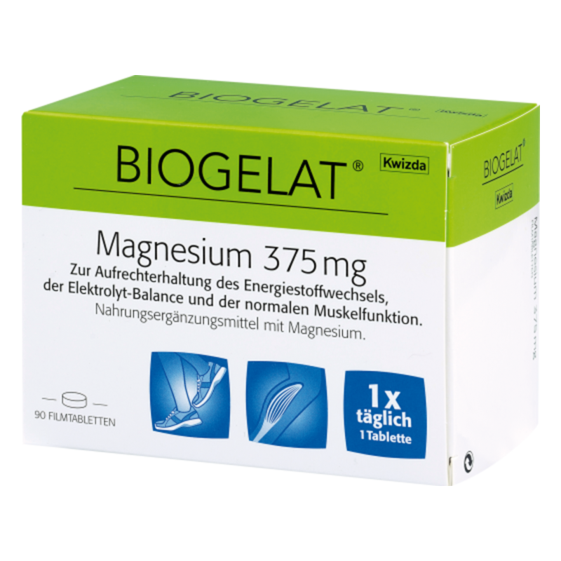 Verpackung von Biogelat Magnesium 375 mg, enthält Hinweise zur Anwendung und Nutzung von Nahrungsergänzungsmitteln.