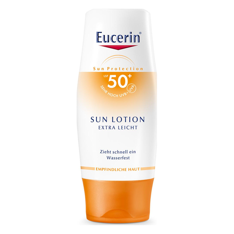 Eucerin Sonnenlotion mit LSF 50+, in einer weißen Flasche mit orangefarbenen Akzenten, für empfindliche Haut.