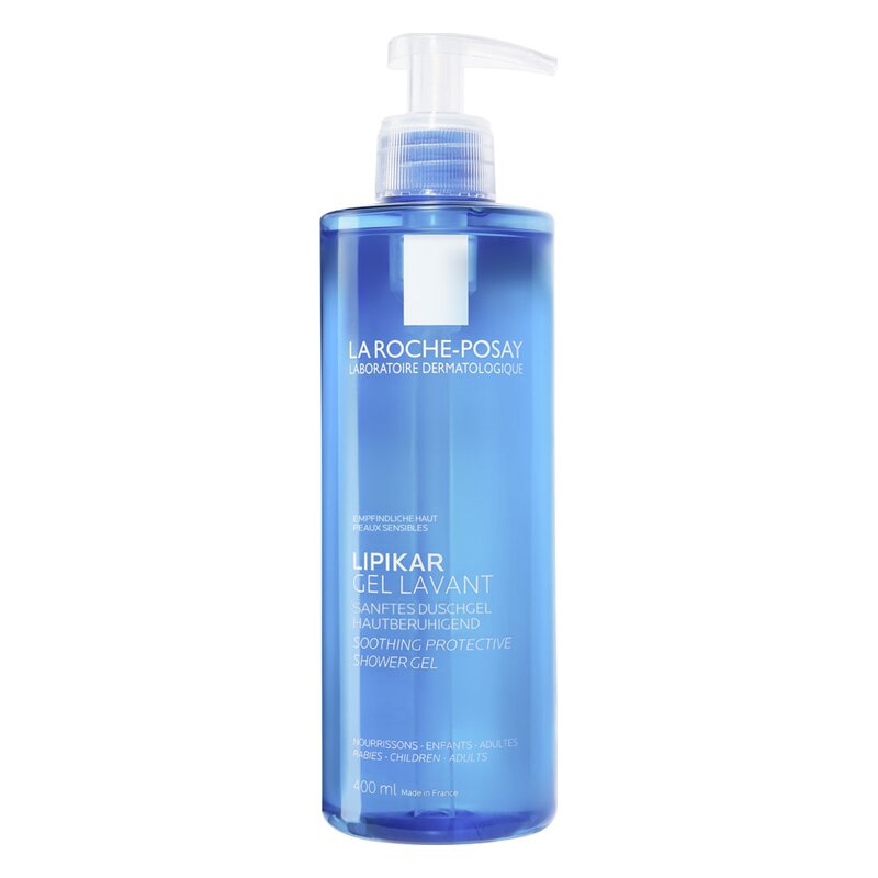 Transparente Flasche mit Pumpe, gefüllt mit Duschgel, blau beschriftet für empfindliche Haut.