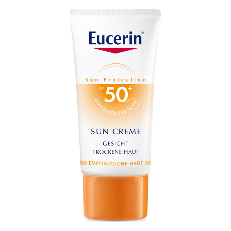 Sonnenschutzcreme in einer weißen Tube mit orangefarbenem Verschluss, LSF 50+ für empfindliche, trockene Haut, Marke Eucerin.