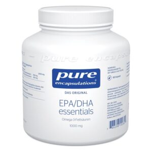 Weißer Behälter mit Schraubverschluss, der EPA/DHA Essentials Omega-3-Fettsäuren in Kapseln enthält.