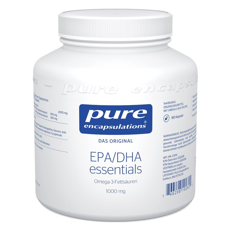 Weißer Behälter mit Schraubverschluss, der EPA/DHA Essentials Omega-3-Fettsäuren in Kapseln enthält.