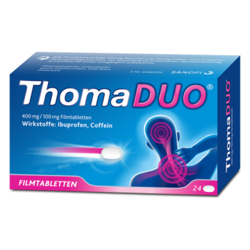 Verpackung von ThomaDUO Filmtabletten mit Wirkstoffen Ibuprofen und Coffein, grafische Darstellung eines schmerzlinderneds Themas.