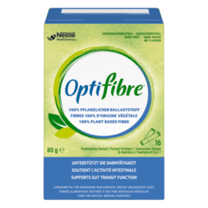 Verpackung von Optifibre, einem pflanzlichen Ballaststoffprodukt zur Unterstützung der Darmtätigkeit mit 16 Portionsbeuteln.