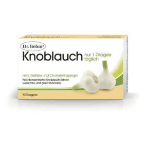 Verpackung von Dr. Böhm Knoblauch mit Dragees zur Unterstützung von Herz, Gefäßen und Cholesterinspiegel, geruchlos und geschmackfrei.