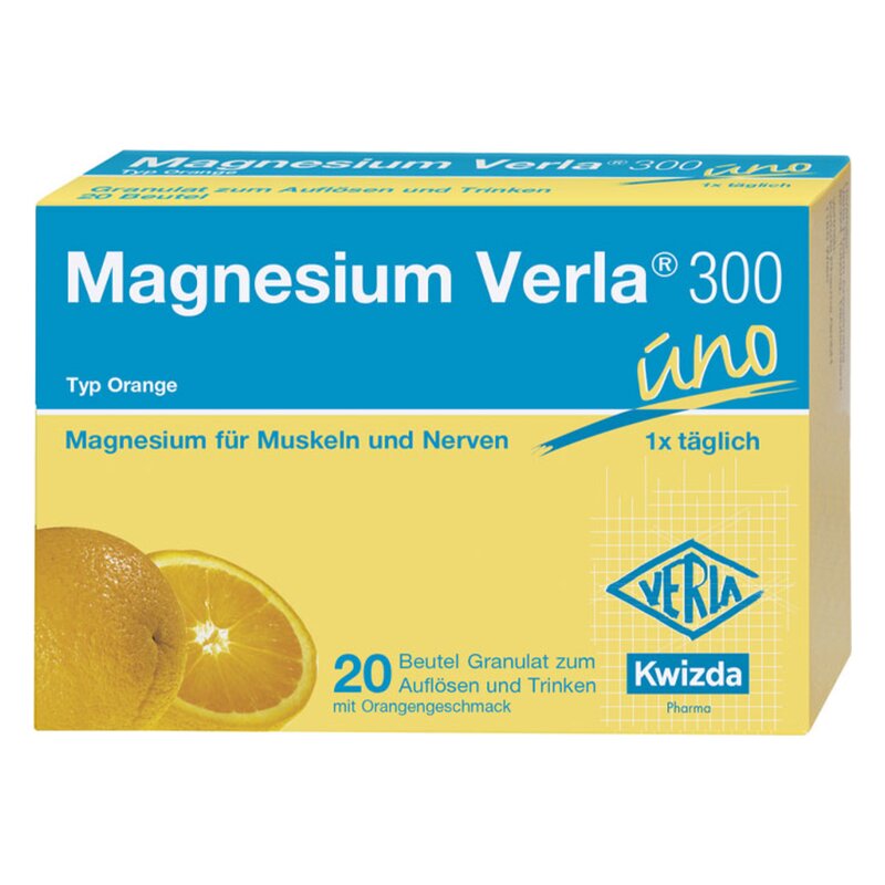 Packung mit Magnesium Verla 300, Orange, enthält Granulat zum Auflösen und Trinken, abgebildete Orange.