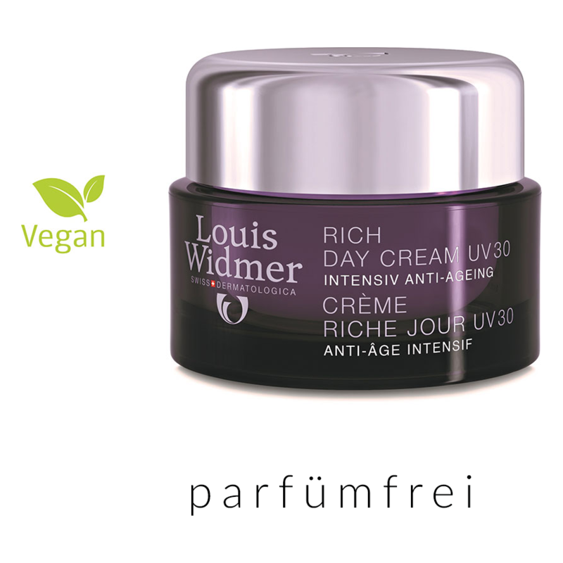 Tiegel mit Anti-Aging Tagescreme von Louis Widmer, vegan und parfumfrei, mit lila Verpackung und silbernem Deckel.