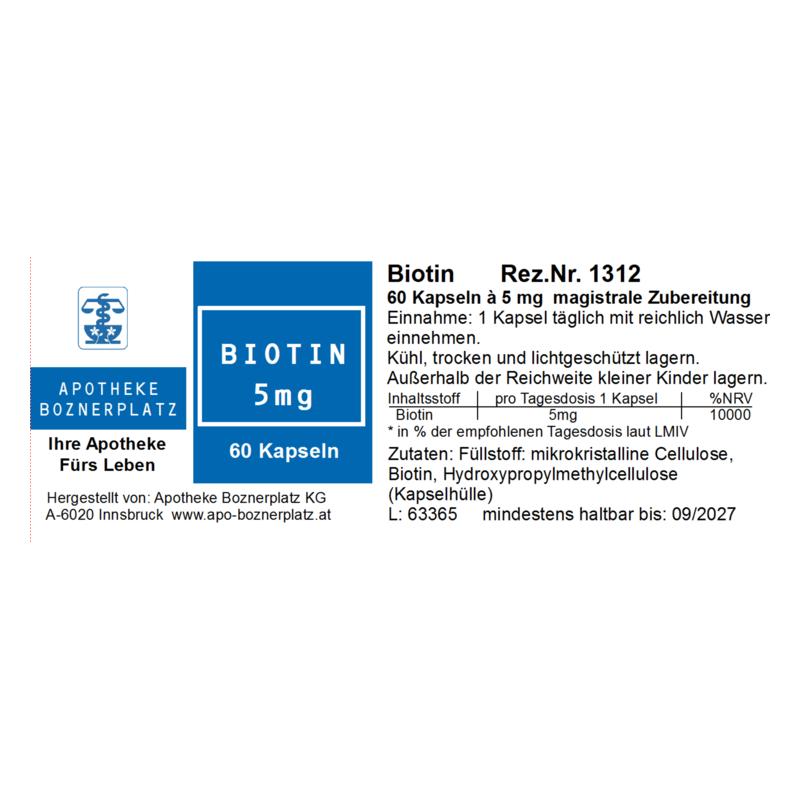 Packungsart: Blister für Biotin-Kapseln mit 5 mg in deutscher Beschreibung und Lagerhinweisen.
