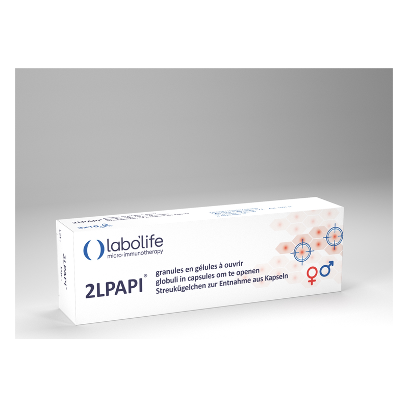Verpackung mit dem Produktnamen 2LPAPI, Granulate in Kapseln, für Mikroimmuntherapie, mit geschlechtsspezifischen Symbolen.