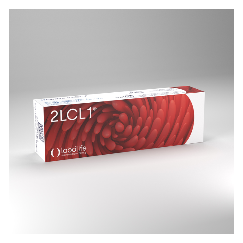 Eine Verpackung für ein Produkt namens 2LCL1 mit rotem, spiralförmigem Design und labolife-Logo.