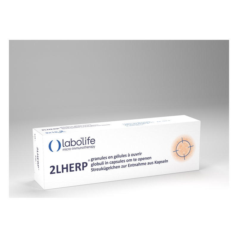 Verpackung für 2LHERP Granulate in Kapseln von labolife, weiß mit blauer Schrift und geschütztem Symbol.