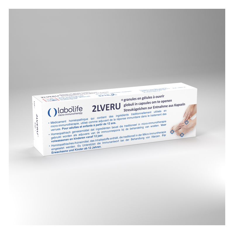 Verpackung von labolife 2LVERU, einem homöopathischen Mittel in Kapseln zur Unterstützung der Immunabwehr gegen Warzen.