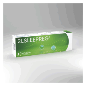 Verpackung von 2LSLEEPREG, grün mit blauen Blasen und Logo von Labolife, auf hellem Hintergrund.