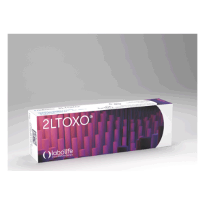 Verpackung von 2LTOXO®, einem Produkt von labolife, mit auffälligem Design in lila und schwarz.
