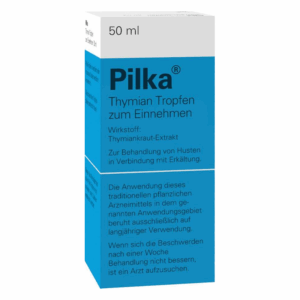 Weißer Karton mit blauen Akzenten, Thymian Tropfen, 50 ml, für die Behandlung von Husten und Erkältung.