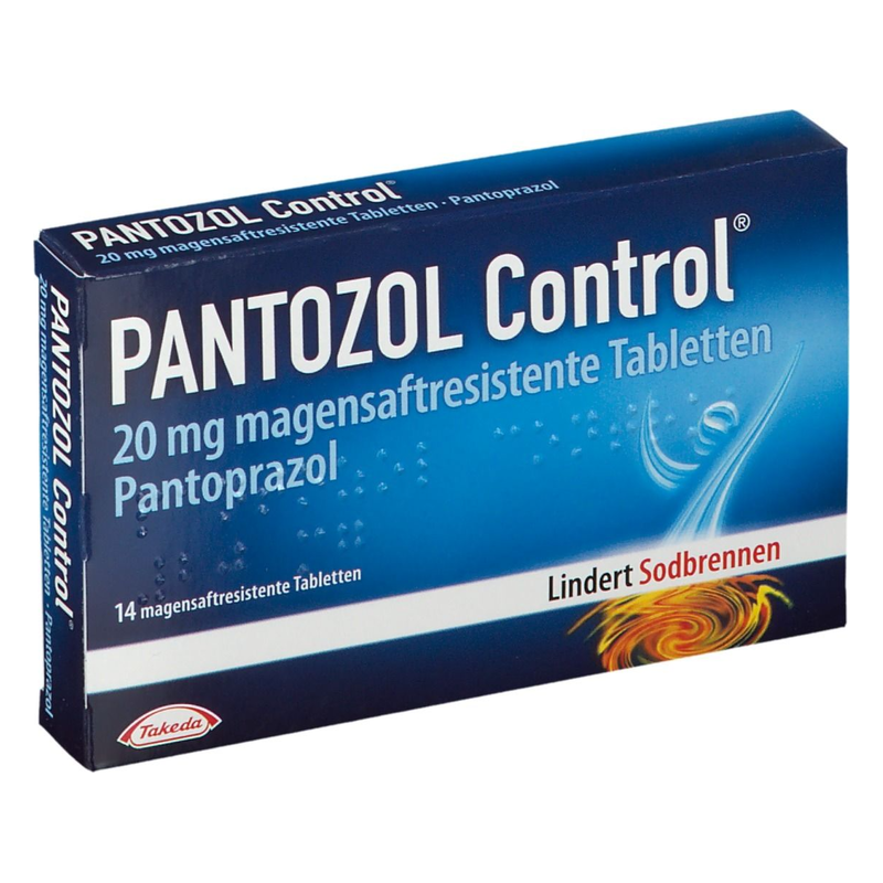 PANTAZOL Control Packung mit 14 magensaftresistenten Tabletten, die Pantoprazol enthalten, zur Linderung von Sodbrennen.