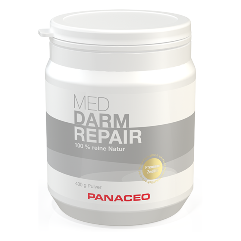 Weißer Kunststoffbehälter mit grauem Etikett, beschriftet mit "MED DARM REPAIR" und "100 % reine Natur".
