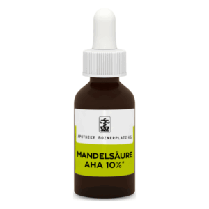 Braune Glasflasche mit Pipette, etikettiert mit "Mandelsäure AHA 10%" und Apotheken-Logo.