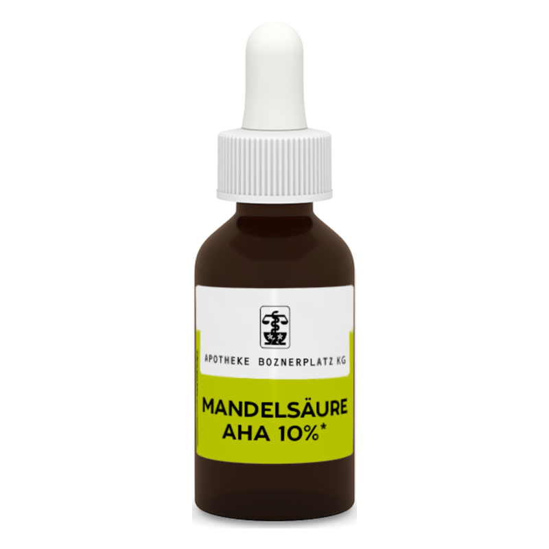 Braune Glasflasche mit Pipette, etikettiert mit "Mandelsäure AHA 10%" und Apotheken-Logo.