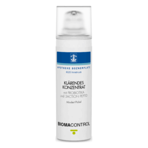 Kläres Konzentration in einem weißen Pumpflakon mit blauen Akzenten, das Probiotika enthält.