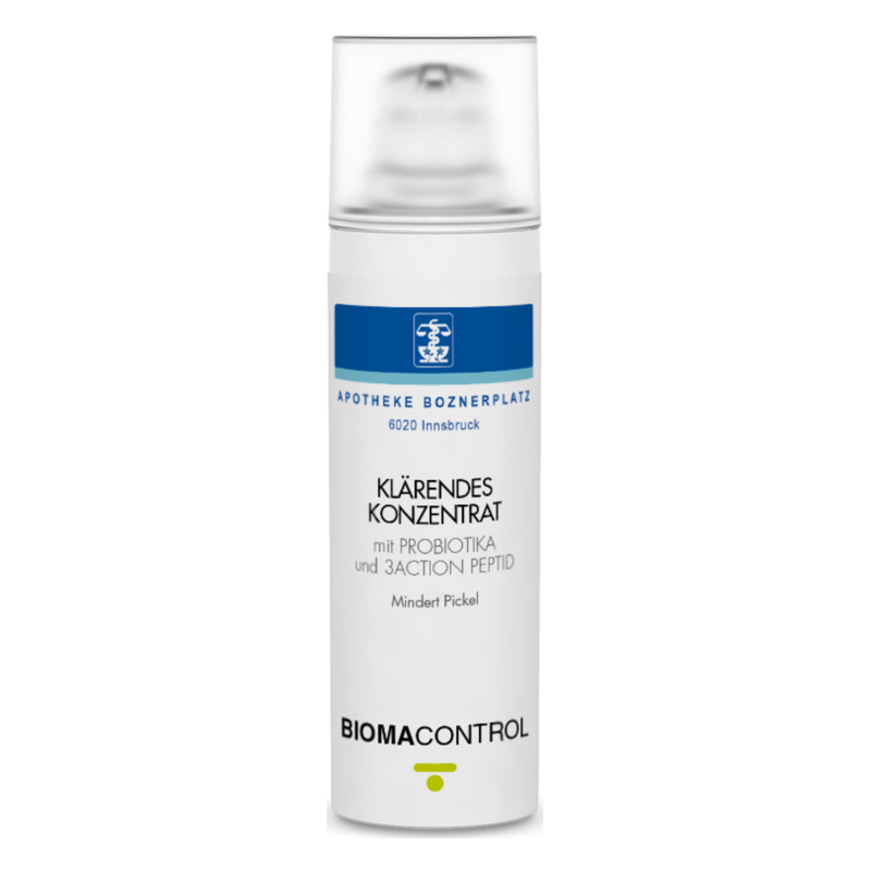 Kläres Konzentration in einem weißen Pumpflakon mit blauen Akzenten, das Probiotika enthält.