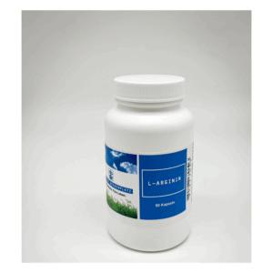 Weißer Flaschenbehälter mit Schraubverschluss, etikettiert mit "L-Arginin" und Informationen zu 90 Kapseln.
