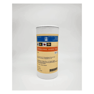 Runde Teedose mit dem Aufdruck 'Strahlende Augen Tee', Inhaltsstoffen und Zubereitungshinweisen.