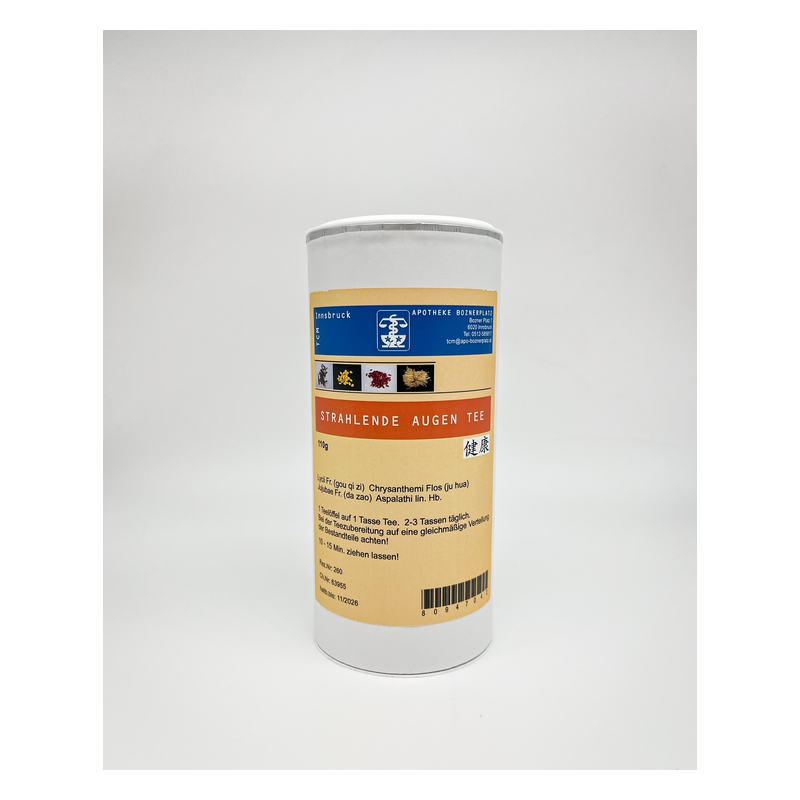 Runde Teedose mit dem Aufdruck 'Strahlende Augen Tee', Inhaltsstoffen und Zubereitungshinweisen.