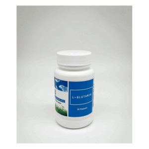 Weißer Kunststoffbehälter mit Schraubverschluss und blauem Etikett für L-Glutamin, enthält 50 Kapseln.