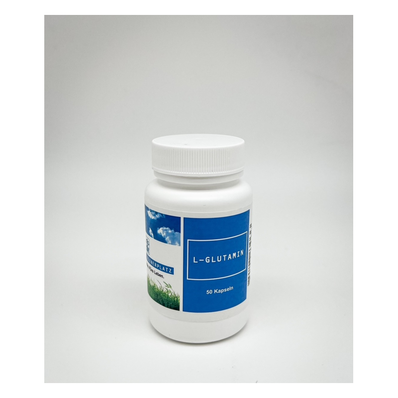 Weißer Kunststoffbehälter mit Schraubverschluss und blauem Etikett für L-Glutamin, enthält 50 Kapseln.