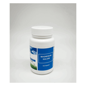 Weißer Kunststoffbehälter mit Schraubverschluss, etikettiert mit "Magnesium Kalium" und Hinweis auf 100 Kapseln.